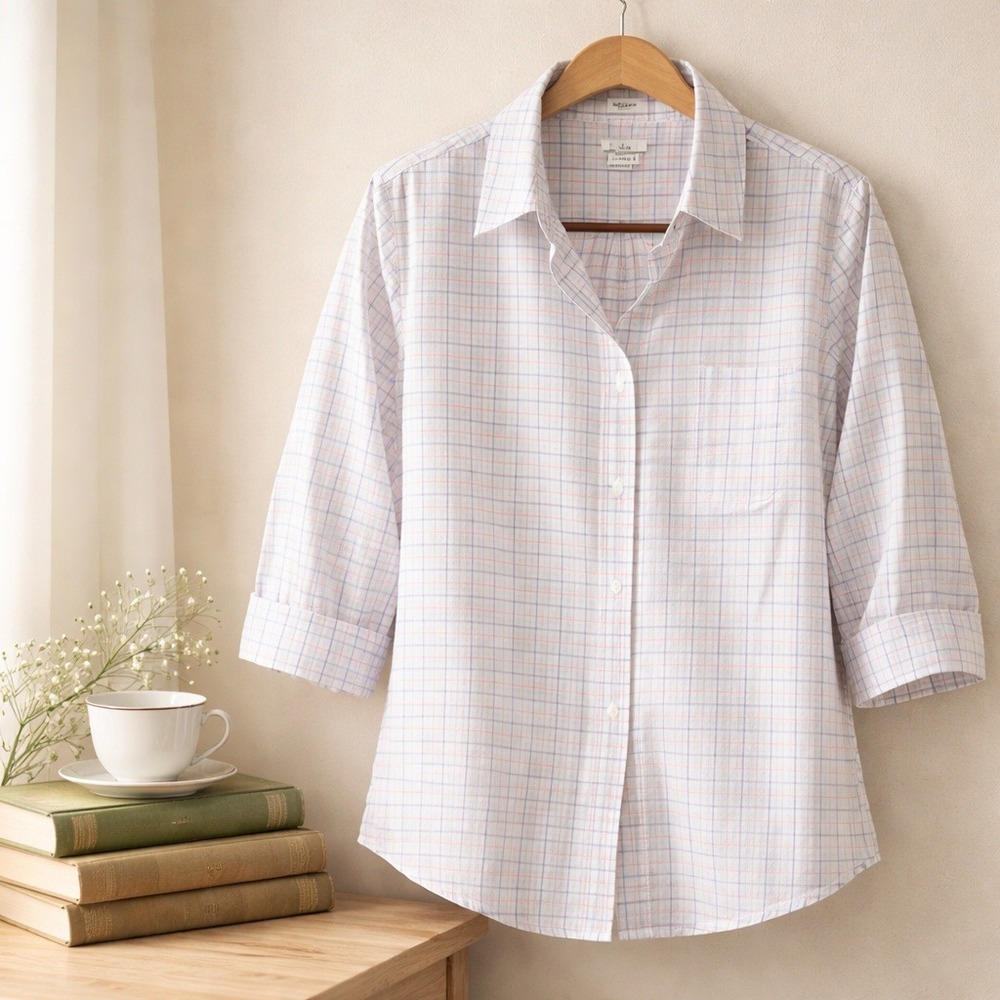 L.L. Bean M Wrinkle-Free Tailored 3/4 Slv Button-Front Shirt‎ Cotton White Multi